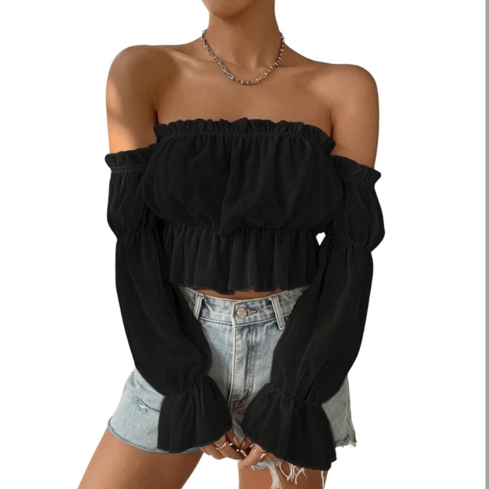 Black Smocked Off-the-Shoulder Crop Top